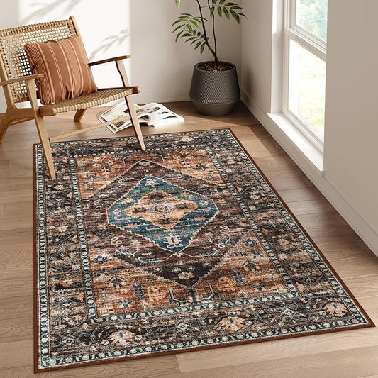 Lahome Washable Living Room Area Rug - 3x5 Non-Slip Ultra-Thin Rugs for Entryway, Throw Small Stain Resistant Kitchen Rugs, Vintage Medallion Print Carpet Rug for Office Bedroom Laundry Room Office