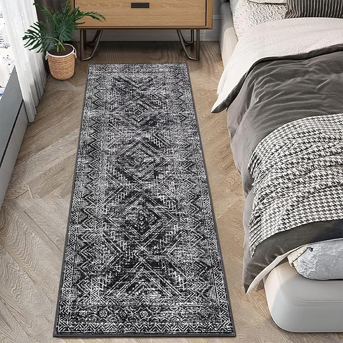 COZYLOOM Rug Runners 2x8 Washable for Hallway Vintage Non Slip Area Rug Geometric Soft Throw Rugs Low Pile Stain Resistant Carpet for Office Dining Room Living Room, Black