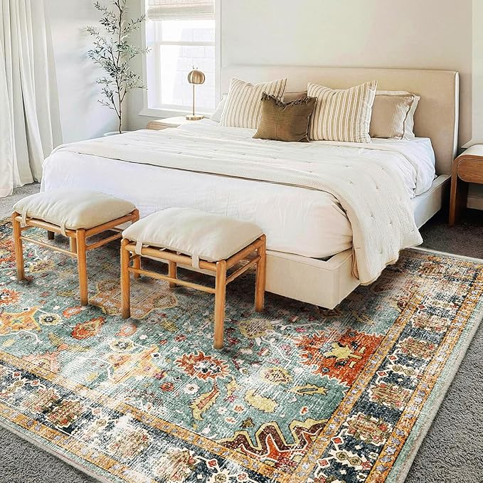 Area Rug 9'x12' Washable Vintage Traditional Mat Distressed Indoor Foldable Thin Retro Accent Floral Print Non Slip Carpet for Living Room Dining Room Office