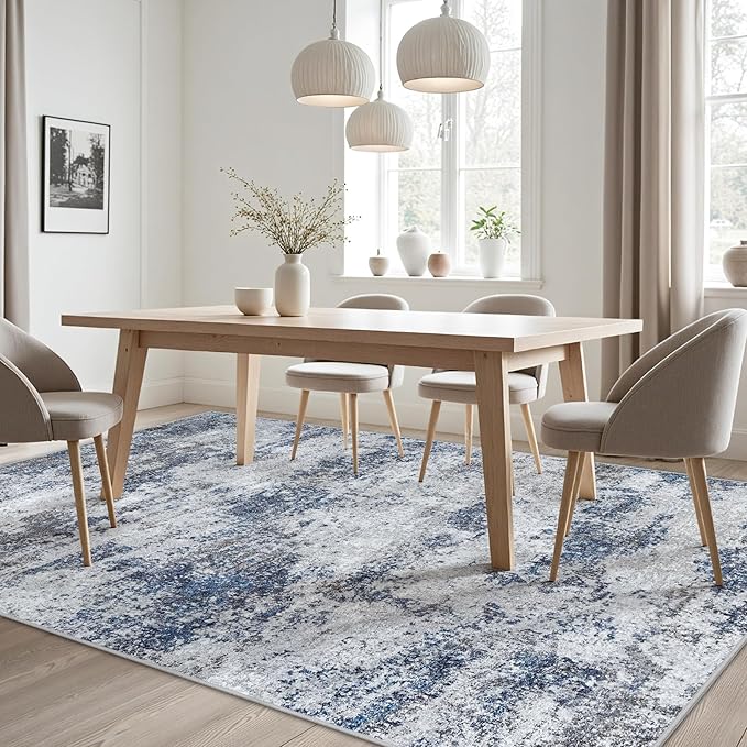 Area Rug 9x12 Washable Rugs: Abstract Large Living Room Rugs with Non-Slip Backing, Stain Resistant Indoor Floor Carpet for Bedroom Dining Room Table Nursery Hallway Home Office Blue/Gray/Black