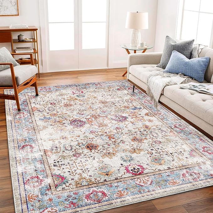 Washable 10'x14' Area Rug Vintage Traditional Distressed Indoor Foldable Thin Retro Accent Floral Non Slip Carpet Living Room Dining Room Office