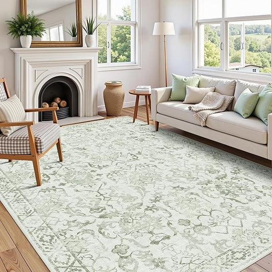 Light Green Area Rugs 6x9 for Living Room, Washable Vintage Rugs for Bedroom, Distressed Throw Rug, Non Slip Rug Carpet for Bedroom Dining Office
