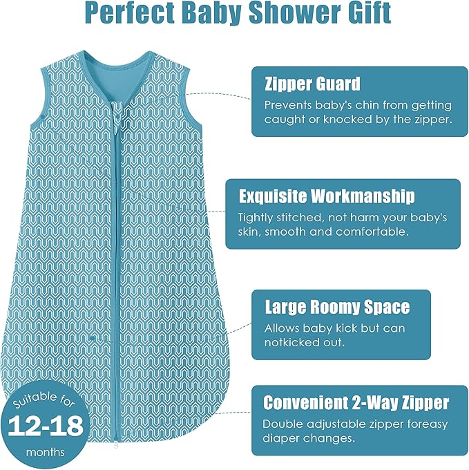 SWEET DOLPHIN Baby Sleep Sack 12-18 Months - 100% Cotton 2-Way Zipper TOG 0.5 Infant Wearable Blanket, Newborn Essentials Toddler 3 Pack Sleeping Sacks - Peacock Blue