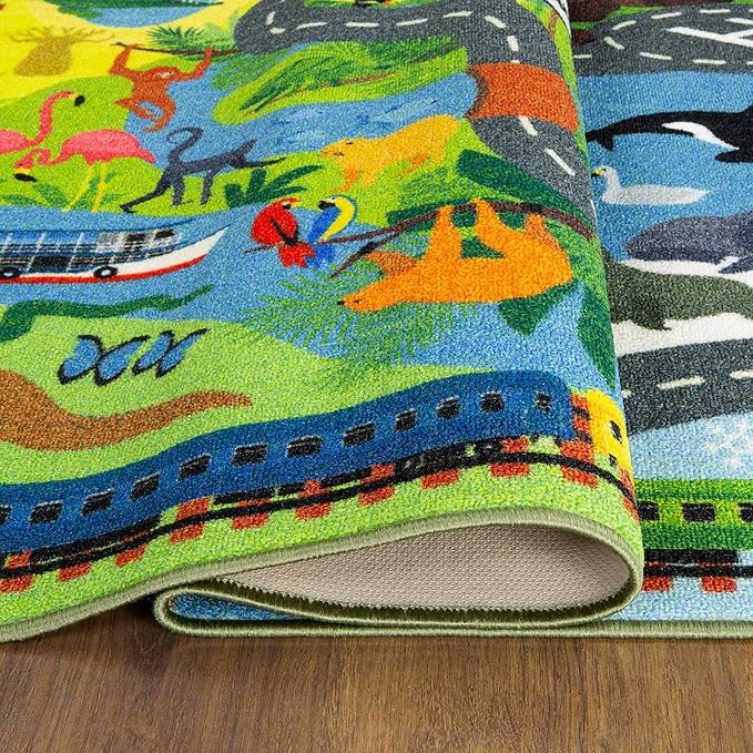 KC Cubs 3x5 Animal Safari Toy Car Road Rug – Educational Play Mat Carpet for Kids, Toddlers, Nursery, Classroom, Playroom, Baby Daycare, Boys & Girls