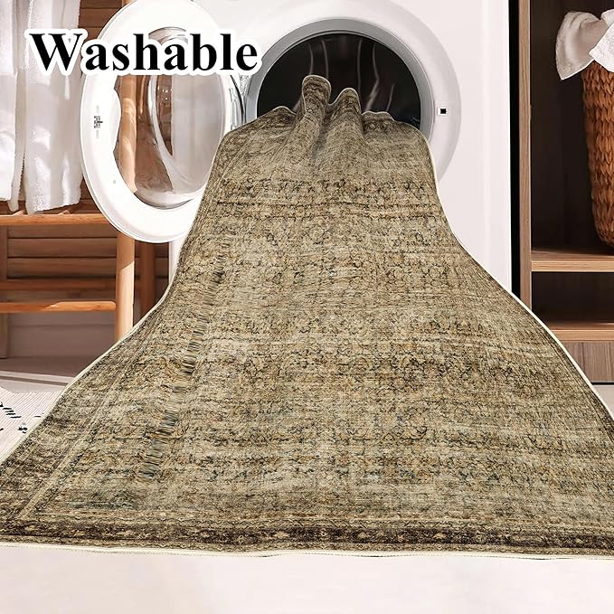 Area Rug 8x10 Washable Rug Brown Vintage Traditional Mat Distressed Indoor Foldable Thin Retro Accent Floral Non Slip Carpet Living Room Dining Room Office