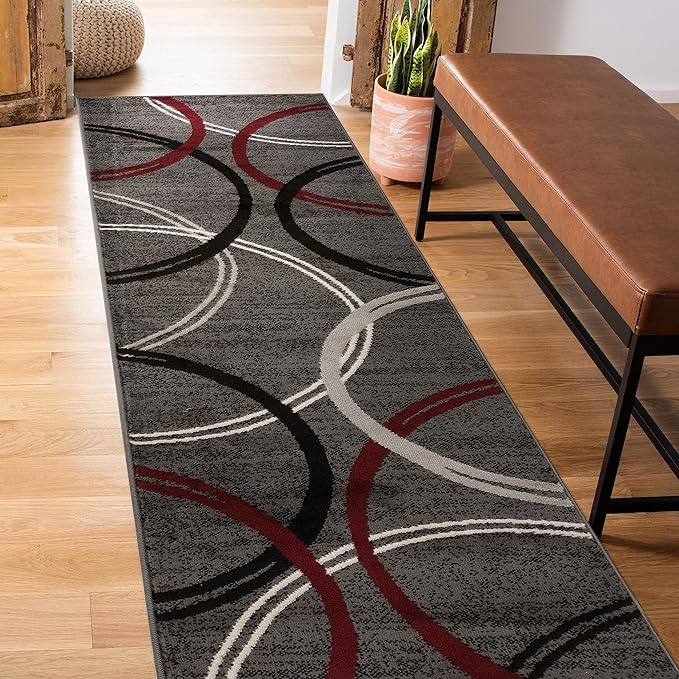 Rugshop Modern Wavy Circles Design Runner Rug 2' x 10' Red